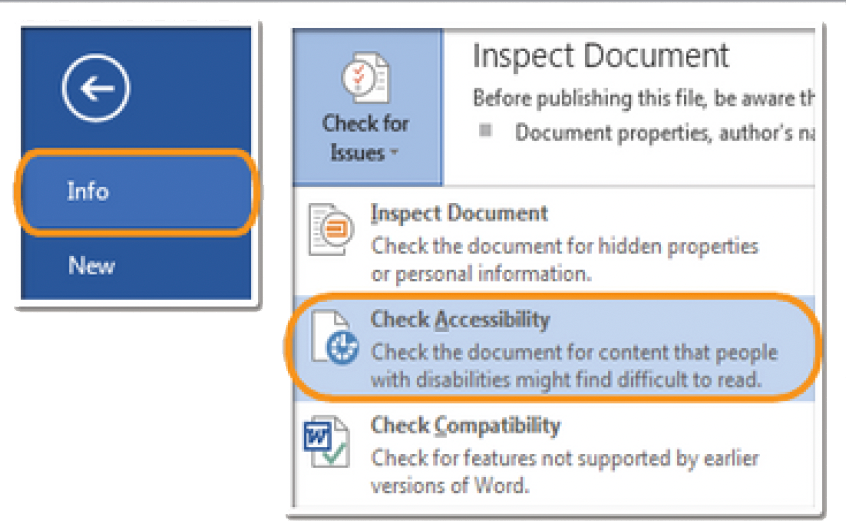 picture of word and powerpoint showing the info and check accessibility 