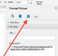 image is a screenshot of the Microsoft Word interface on a Mac, highlighting the process of accessing the Format Picture options for an inserted image. The text within the "Alt Text" description field reveals the original file path and name of the selected image. 