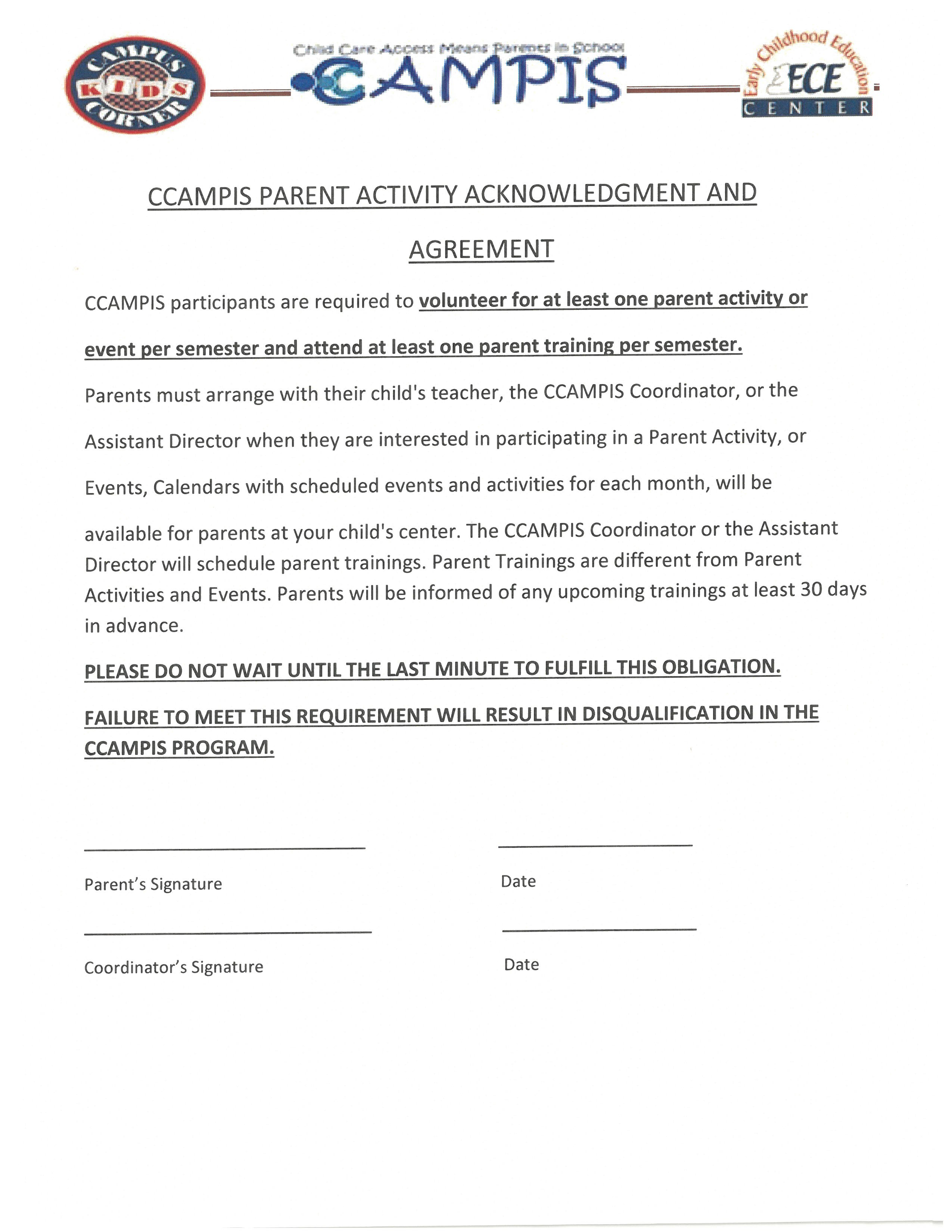 CCAMPIS Parent Activity Acknowledgement and Agreement