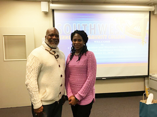 President and CEO of LATROBE LLC LaTanyua Robinson (pictured with Dr. Derek Henson, then-Director of Externally Funded Programs) attended the continuing education training Jan. 11. Robinson has taught at Southwest before and has over 25 years of experience in manufacturing, workforce, and business development in corporate America. She also has been an entrepreneur for the past 10 years. Robinson will teach Entrepreneurial Thinking, a course designed to enhance students’ interpersonal skills for building a career or business. “I teach basic foundational skills to get people from where they are today to where they want to be,” Robinson said.