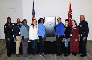 (l-r) Southwest Police Services Assistant Director Ernest Greenleaf, Kelvin Davis, Karen Campbell, Julianne Waits, Cynthia Elliott, Chief Angela Webb, Rachel “Shelly” Trigg, Cathy Levine and Captain John Mitchell, attend the NTAC threat assessment training for SERT members.