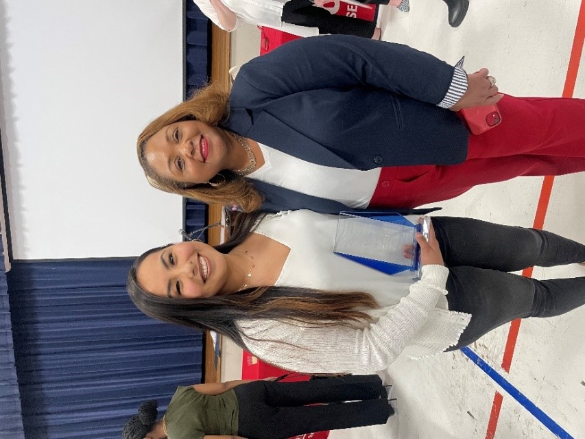 Southwest communication major Erika Konig and President Dr. Tracy D. Hall at the 2023 Student Honors & Awards Convocation April 11, 2023 in the Nabors Auditorium. 