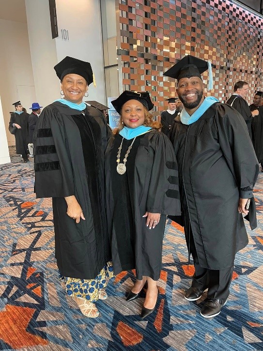 Dean of Allied Health and Nursing Dr. Sheila Bouie, Southwest President Dr. Tracy D. Hall and AVP of Enrollment Services Lee Jones, pose for a photo before the Commencement begins. 