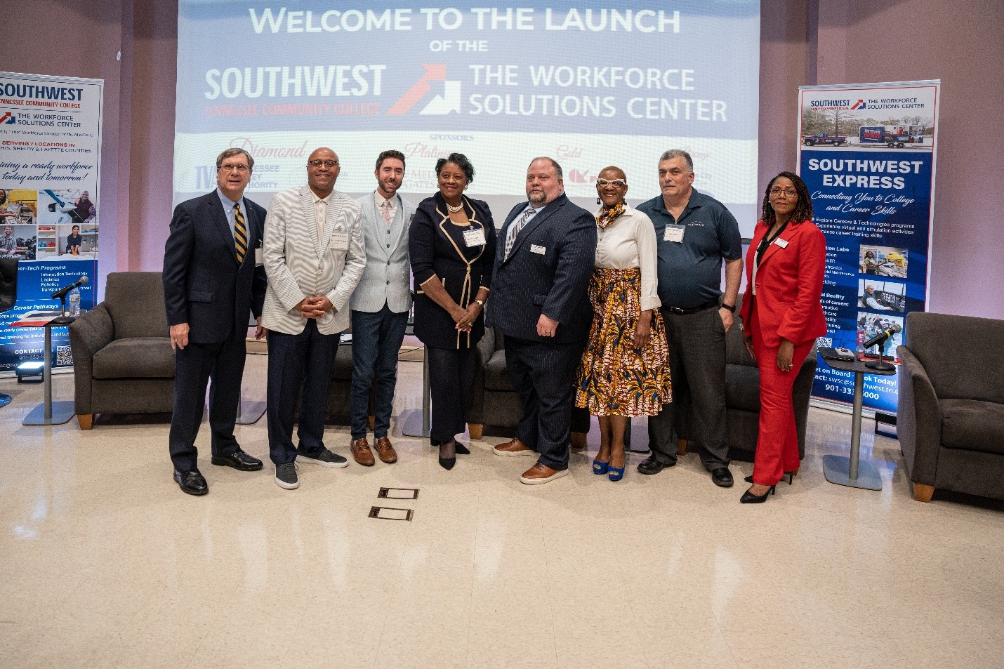 (L-R): SWSC Open House and Career Fair panelists included Southwest Foundation Board Member Capt. (retired) Ed Lyons, Southwest Foundation Board President Darrell Thomas, MLGW Senior Human Resources Representative Andrew Stanley, MLGW Vice President/Chief Information Officer Lashell Vaughn, Southwest Business and Technologies Dean Dr. Charles Baker, Bill & Melinda Gates Foundation Senior Director Dr. Tosha Downey, Blue Oval City/ Ford Motor Company Learning and Development Manager Andy Bianco and Southwest Associate Vice President of Workforce Development Amy Shead. 