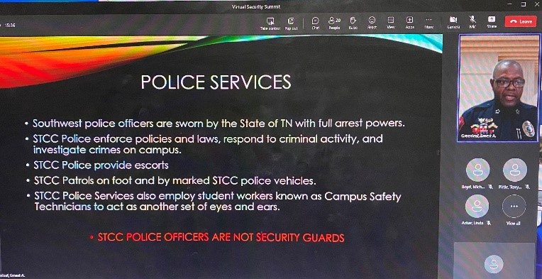 Southwest hosted its inaugural Virtual Security Summit Jan. 31,2024, aimed at providing essential campus safety insights.  The summit was led by Michael Boyd, chief of administrative services, and Ernest Greenleaf, executive director of police services and risk management. Campus staff, security officials, and students attended the summit to learn valuable tips about how to enhance their safety while on campus.