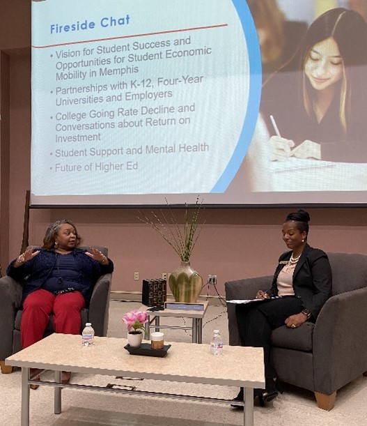 President Tracy D. Hall and Dr. Jamia Stokes discuss student success and support practices during a Fireside Chat session.