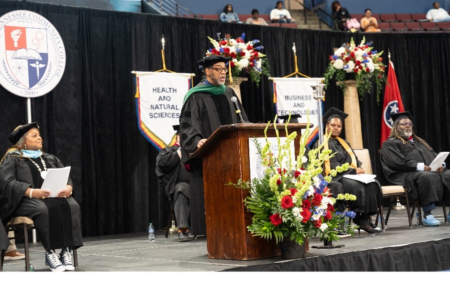 Reginald W. Coopwood, CEO of Regional One Health, delivers the commencement address to the Class of 2024. 