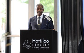 Ekundayo Bendele delivers his keynote speech inside Hattiloo Theatre which he founded in 2006. 