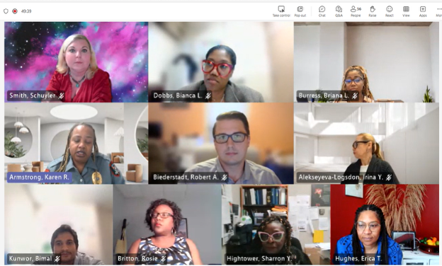 Teams screens of Schuyler Smith, Bianca Dobbs, Briana Burress, Karen Armstrong, Robert Biederstadt, Irna Alekseyeva, Bimal, Kunwor, Rosie Britton, Sharon Hightower, and Erica Hughes